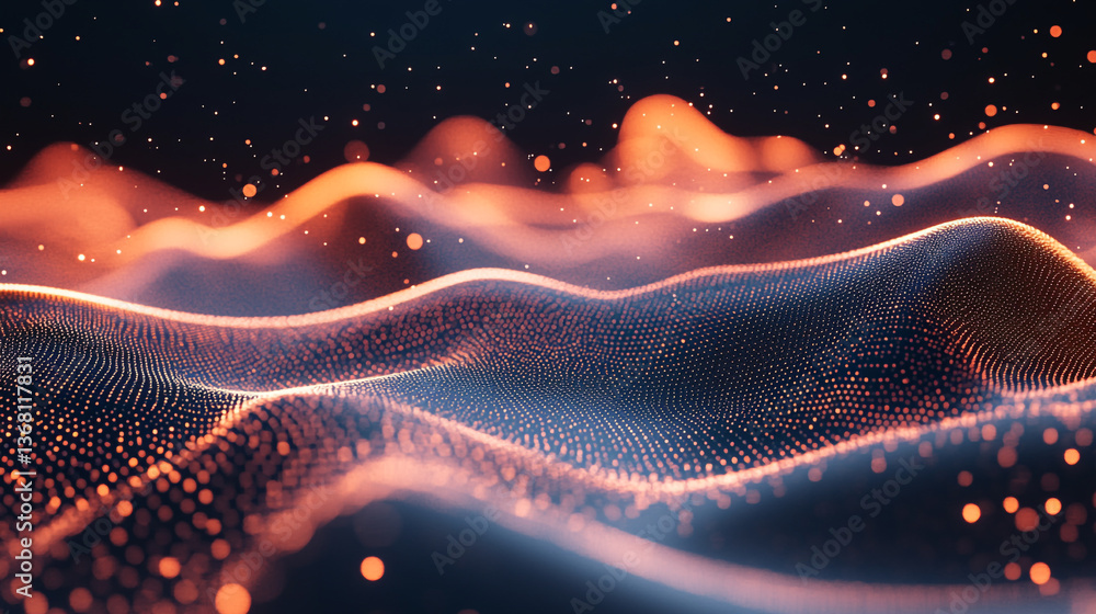 Poster abstract glowing particle wave landscape with bokeh lights and dark background digital art effect