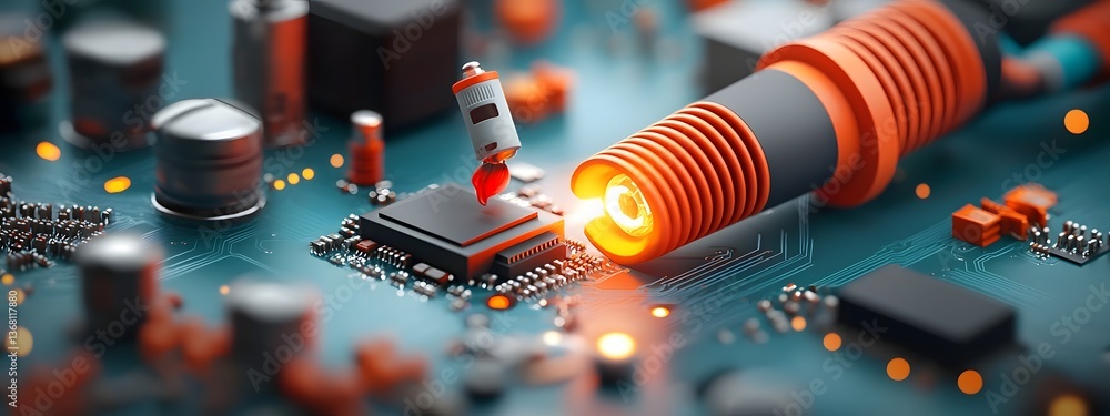 Poster glowing fiber optic cables complex circuit boards and precision engineered laser components in a sle