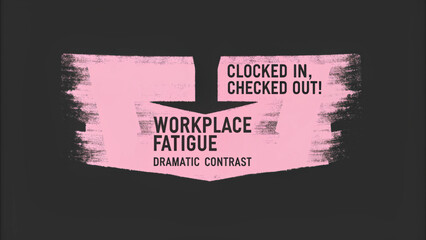 Workplace fatigue concept with bold pink brush strokes text Clocked in, checked out on dark background