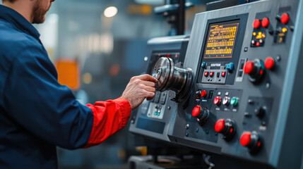 A technician operates a control panel in an industrial setting.