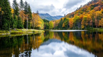 Serene Autumn Lake Reflection Golden and Red Foliage Surrounding Still Water with Mountain Background