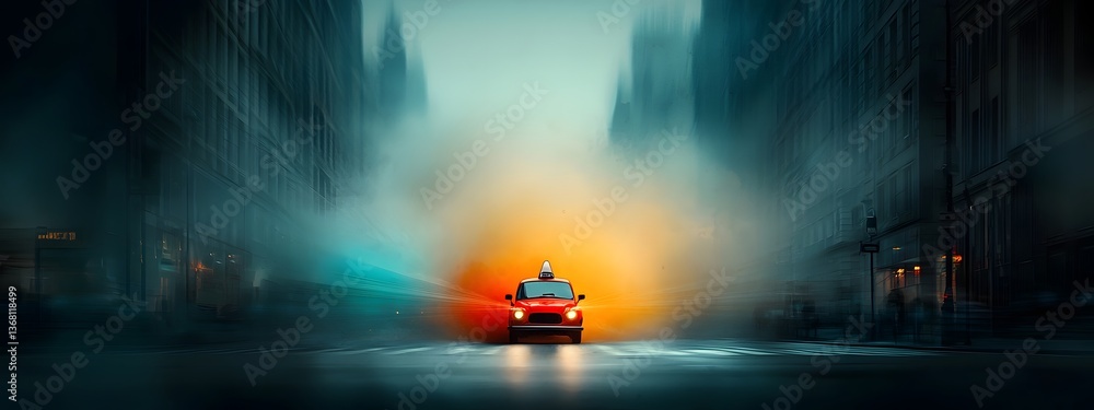 Poster glowing undulating digital signals weaving through a shadowy and dramatically illuminated urban back