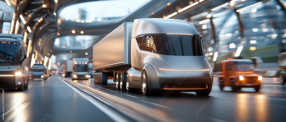 Poster massive freight trucks and containers moving through a busy transportation hub, showcasing the scale