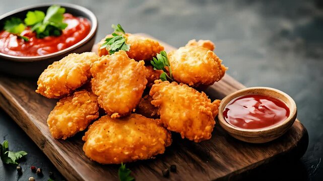 Appetizing golden fried chicken nuggets are arranged on a dark wood serving board