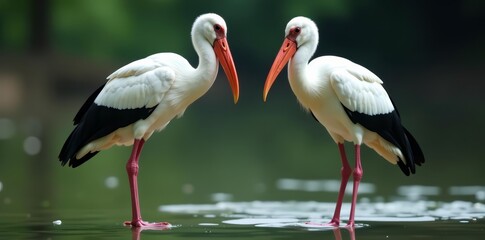 Pair of white storks with long beaks and legs, nature, elegant