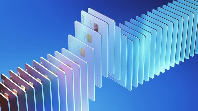 A contemporary depiction of multiple credit cards aligned consistently, showcasing financial transactions and security concepts.