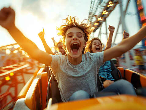 Excited Teens Enjoying a Roller Coaster Ride at Sunset