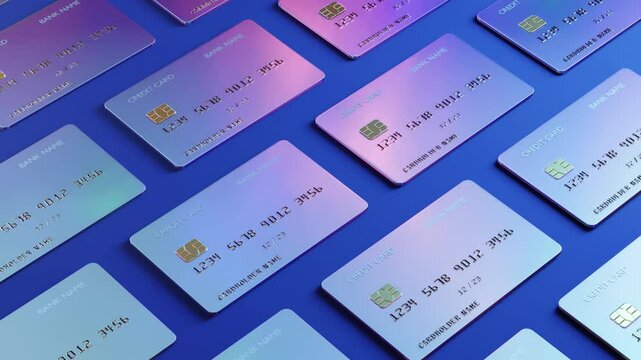 A collection of modern, gradient-colored credit cards arranged neatly on a blue surface, representing financial services,