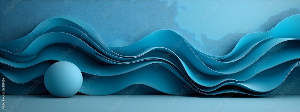 Poster hypnotic azure digital waves cascading across a stark monochrome plane conveying the boundless dynam