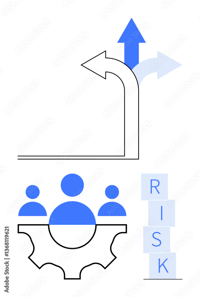 Poster arrow splitting toward upward paths, three team figures in a gear, stacked risk blocks. ideal for bu