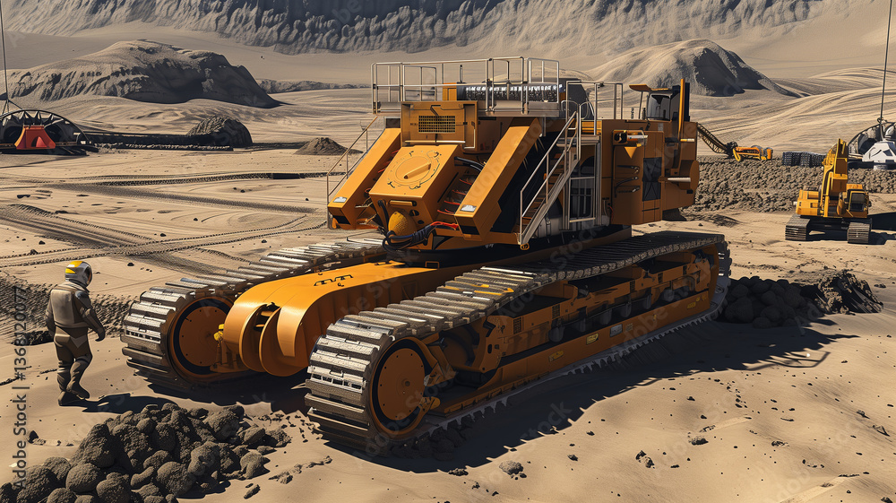 Poster this heavy machinery operates on an asteroid surface, excavating regolith for resource extraction.
