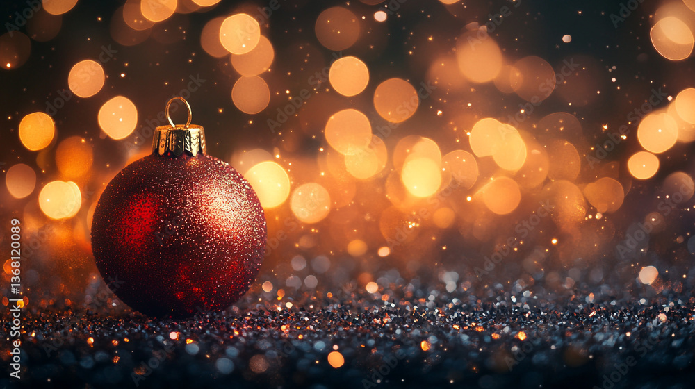 Poster a christmas ornament with glitter on a surface with blurred lights in the background creating bokeh 