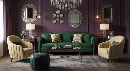 Emerald Green Sofa in Luxurious Art Deco Living Room