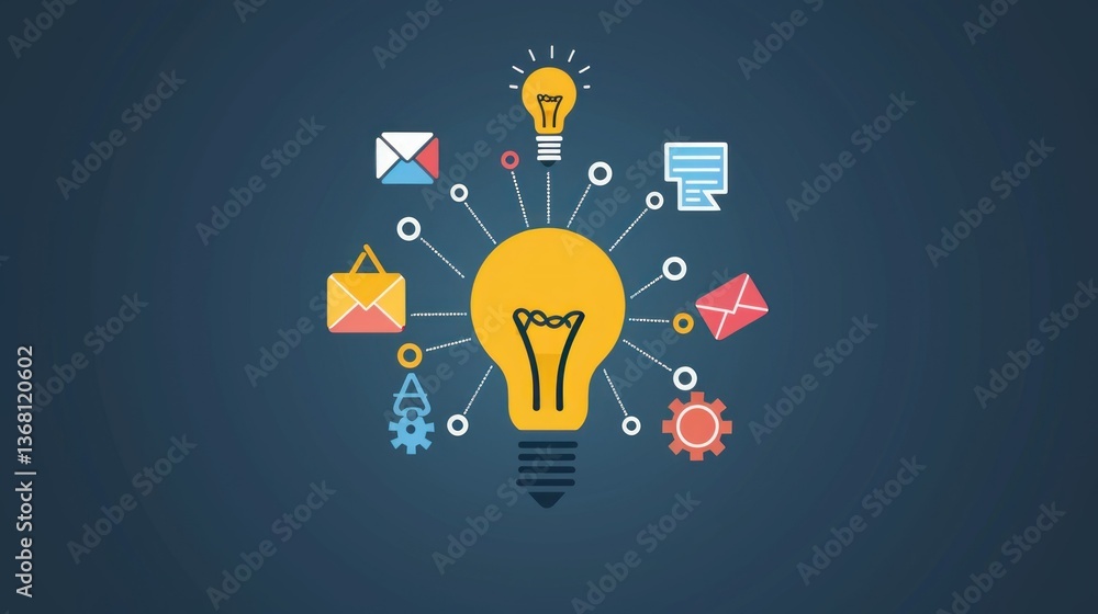 Poster simple icon of brainstorming with a lightbulb and ideas around it.