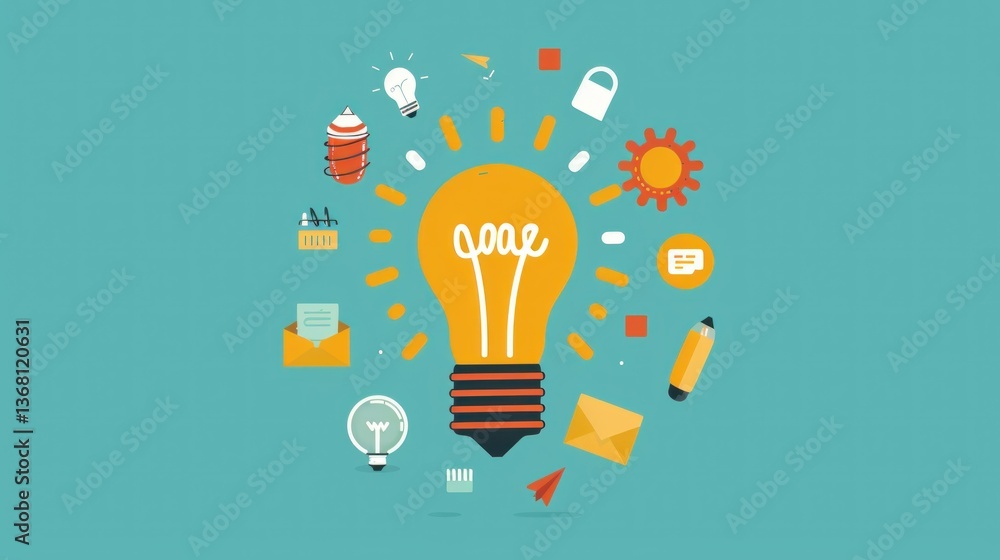 Poster simple icon of brainstorming with a lightbulb and ideas around it.