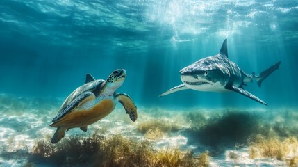 A sea turtle escaping from a tiger shark, a tense moment captured underwater.
