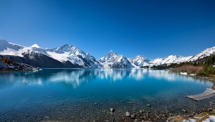 serene lakeside landscape featuring majestic snow capped mountains beneath a clear blue sky