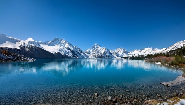 serene lakeside landscape featuring majestic snow capped mountains beneath a clear blue sky