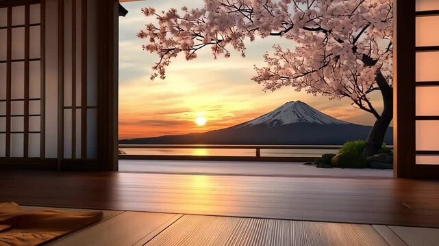 Experience sunrise over majestic mount fuji from a traditional japanese room with sakura blossoms and tatami mats