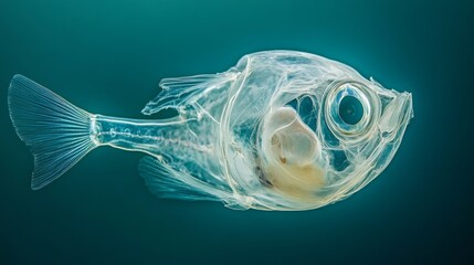 Barreleye fish with a transparent head, revealing its internal organs. 
