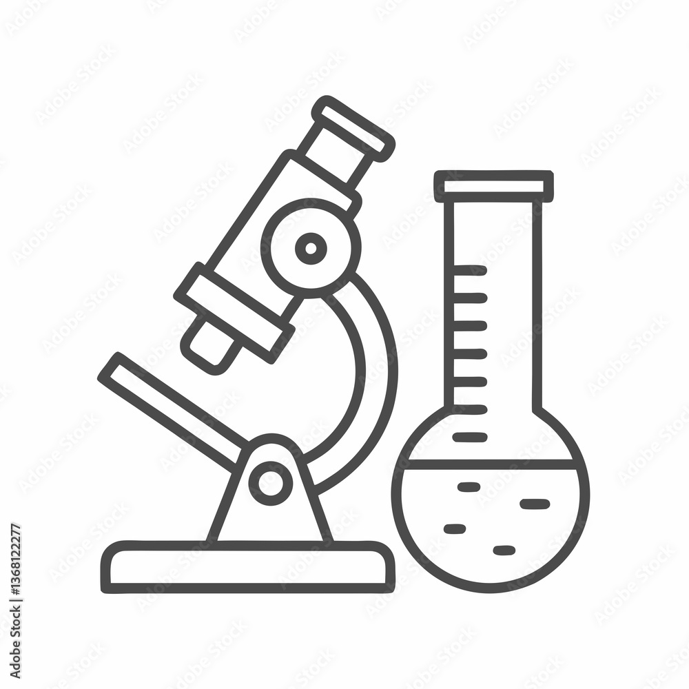 Poster microscope and flask laboratory vector icon.