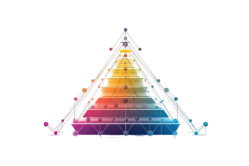A vibrant layered pyramid representing growth and interconnectedness, showcasing a spectrum of colors and interconnected nodes on a white background.