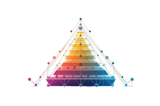 A vibrant layered pyramid representing growth and interconnectedness, showcasing a spectrum of colors and interconnected nodes on a white background.