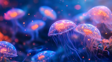 Plankton glowing in bioluminescence, creating a dreamlike underwater scene.