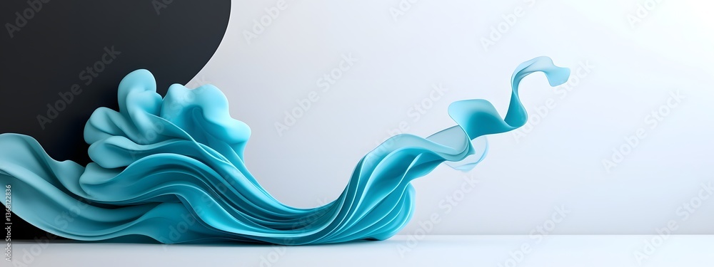 Poster luminous blue digital undulations and dynamic abstract shapes flowing across a stark black and white