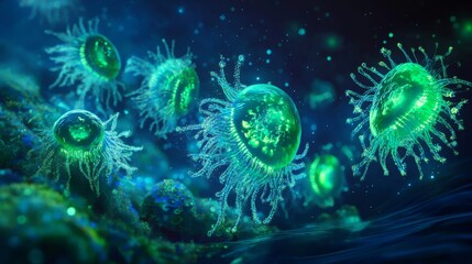 Plankton glowing in bioluminescence, creating a dreamlike underwater scene. 
