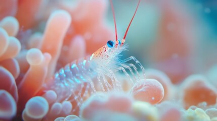 Transparent shrimp standing on a coral, barely visible but stunning in detail. 