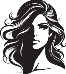 A black and white vector portrait of a woman with flowing hair, her face in half-shadow, emphasizing elegant contours and sharp contrast.