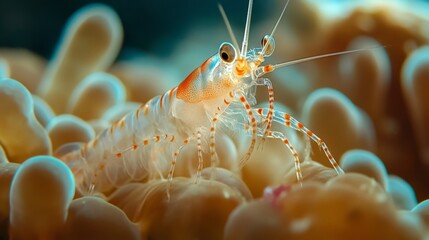 Transparent shrimp standing on a coral, barely visible but stunning in detail. 