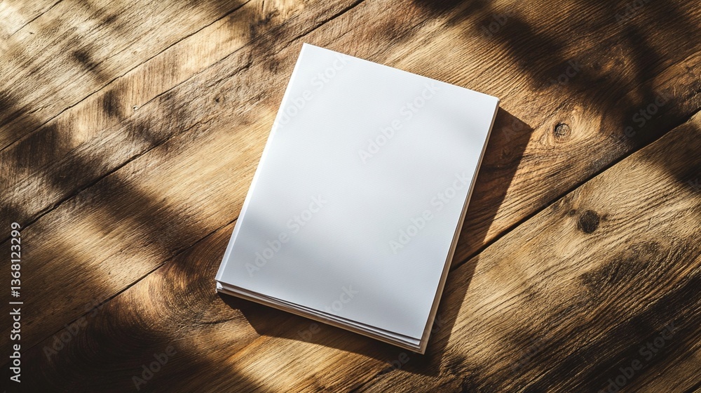 Poster minimalist white book mockup resting on rustic wooden surface with dramatic light and shadow creatin