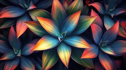 Close - up view of agave plant leaves and aloe vera plants, featuring a dark green and red color palette under natural lighting with detailed foliage, spiky leaves, sharp focus, sharp edges.