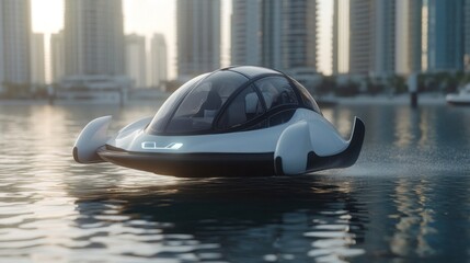 Futuristic hydrofoil glides across city waterfront