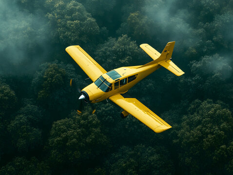 Yellow Airplane Flying Over Dense Forest With Misty Atmosphere