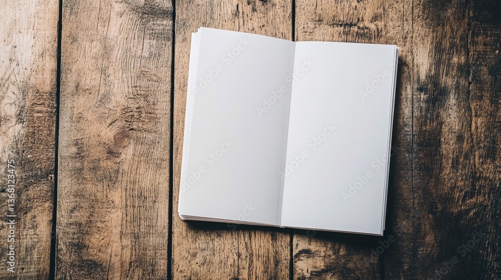Poster an open blank white notebook resting on a rustic wooden surface, showcasing minimalist design and vi