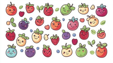 Cute and Colorful Cartoon Fruits with Smiley Faces and Green Leaves