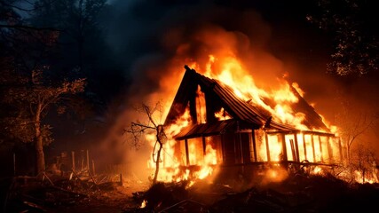 Fire in wooden house at night, burning single family home, hut in flames and smoke. Concept of damage, disaster, wood building