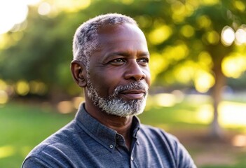 An attractive elderly african american man stands confidently outdoors, surrounded by greenery, reflecting on life.