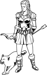 Skadi, Göttin der Jagd und des Winters, steht mit Bogen und Pfeil an der Seite eines Raubtiers – wild, stolz und unbeugsam.