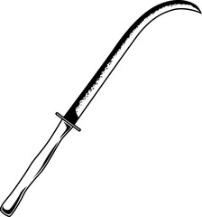 Historische Falx mit stark gebogener Klinge und langem Griff – antike Waffe der Thraker und Daker, bekannt für ihre Durchschlagskraft.