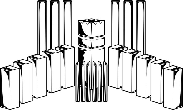 Traditionelles Kubb-Set mit K&ouml;nig, Kubbs und Wurfh&ouml;lzern in geometrischer Anordnung &ndash; nordisches Outdoor-Wurfspiel.