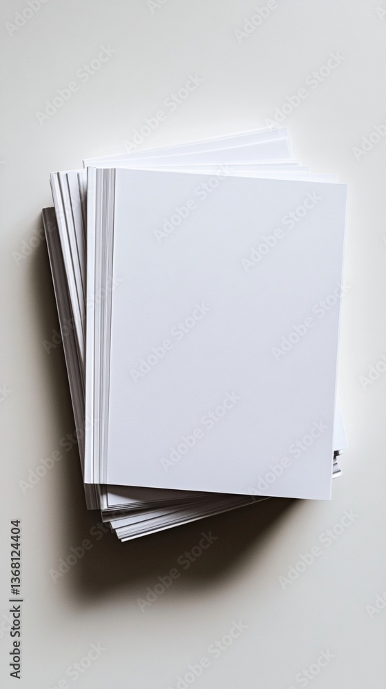 Poster minimalist stack of pristine white papers casting subtle shadow on neutral light background, showcas