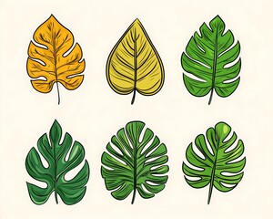 Illustrated Monstera and Tropical Leaves in Green and Gold Hues Pattern