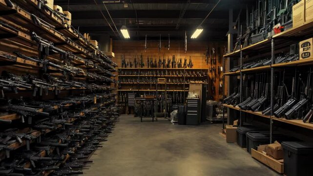 Weapon and army equipment in warehouse, wooden shelves with boxes and guns in storage, concept of war, store, military industry, violence