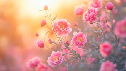 Pink peonies blooming at sunset garden