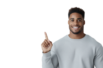 Lächelnder Mann zeigt mit erhobenem Zeigefinger nach oben PNG mit transparentem Hintergrund

