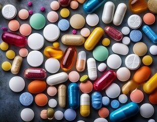 various prescription and over the counter pills in diverse shapes and colors arranged on a textured surface showcasing pharmaceutical diversity